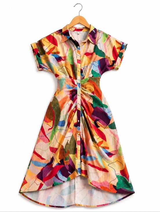 Pastels Clothing Dresses & Skirts - Pastels Clothing Multicolor Abstract Leaf Print Button-Front Dress